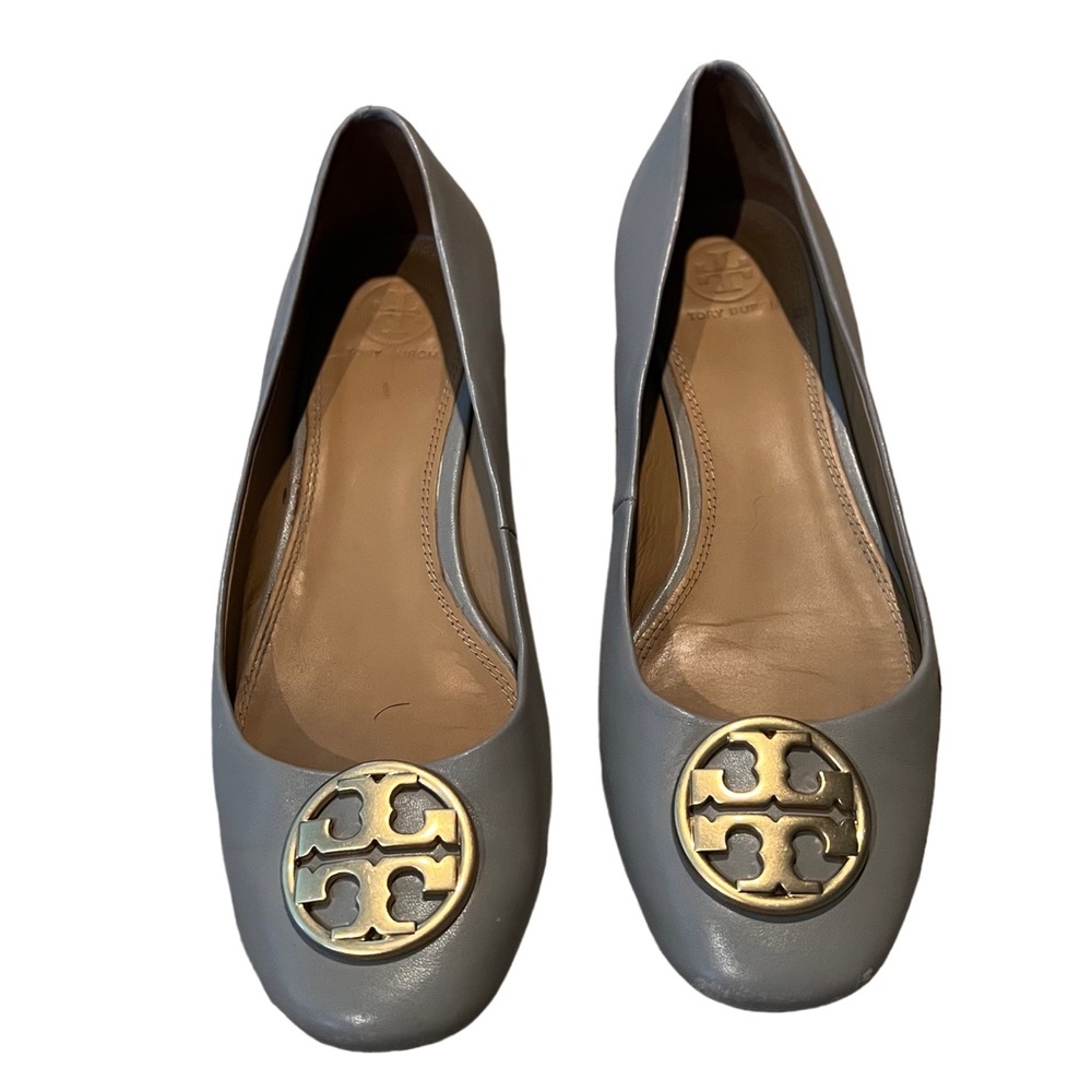 TORY BURCH GRAY LEATHER CHELSEA HEELED BALLET FLATS, Size 9